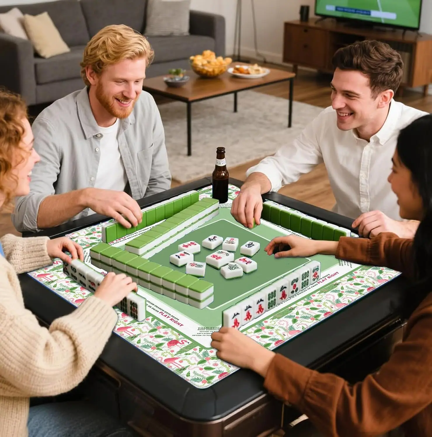 Neoprene Luxury 3mm Mahjong Mat 31.5 Inch Green Tropical Coastal Flamingo Botanical Non-slip Noise Reduction for Mahjong