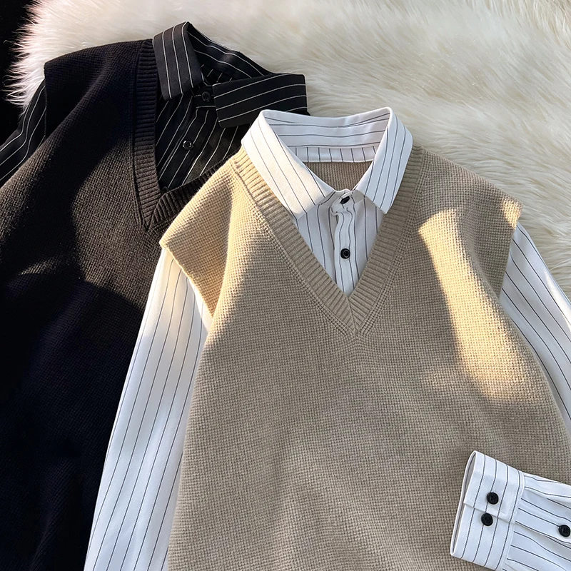 

Men's Long Sve Striped irt Jaet Spring Autumn Sle Boting irt Sweater Casual Loose Fit Button up No Iron Treaent