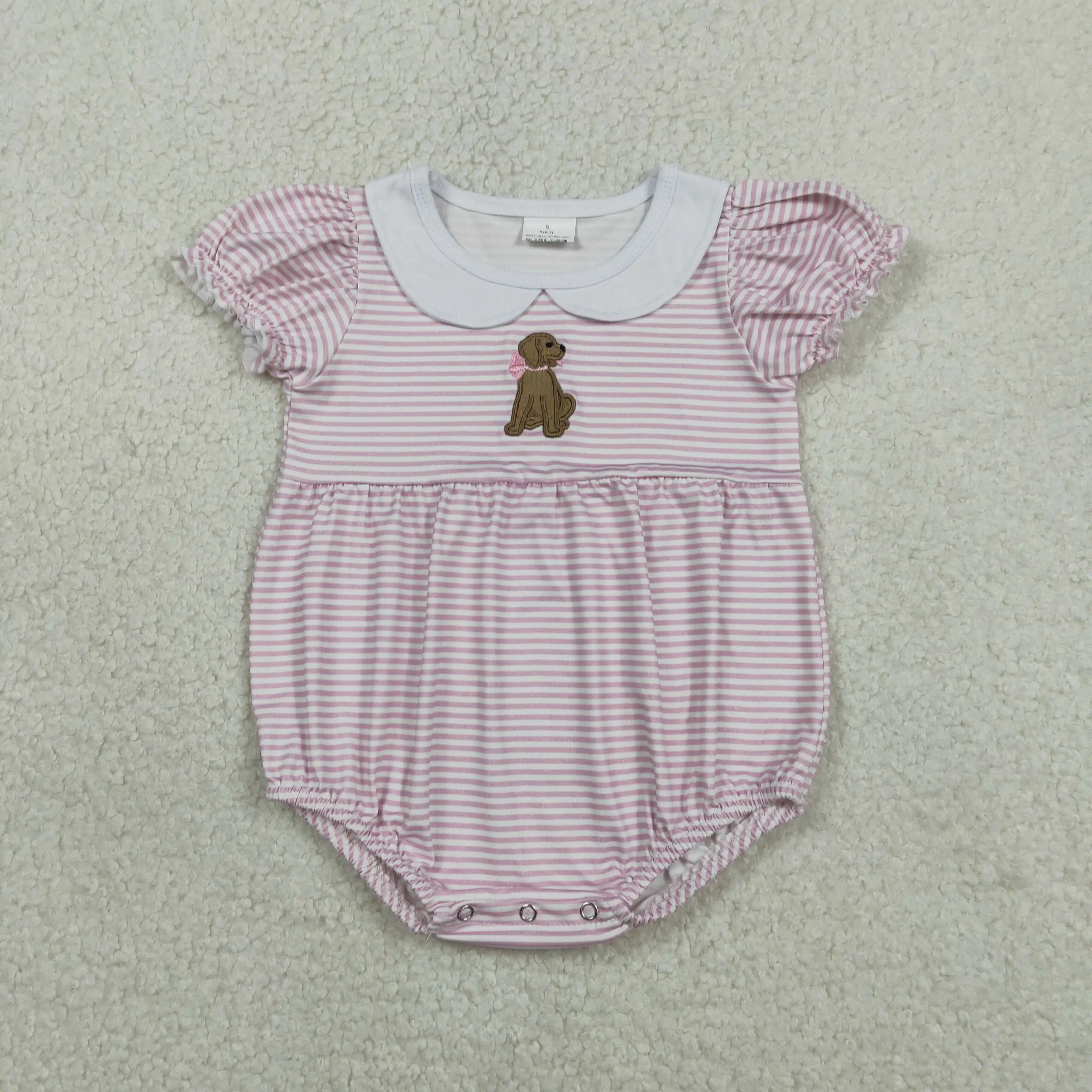 

SR3476 Western-style baby girl embroidered puppy collar pink striped short-sleeved romper