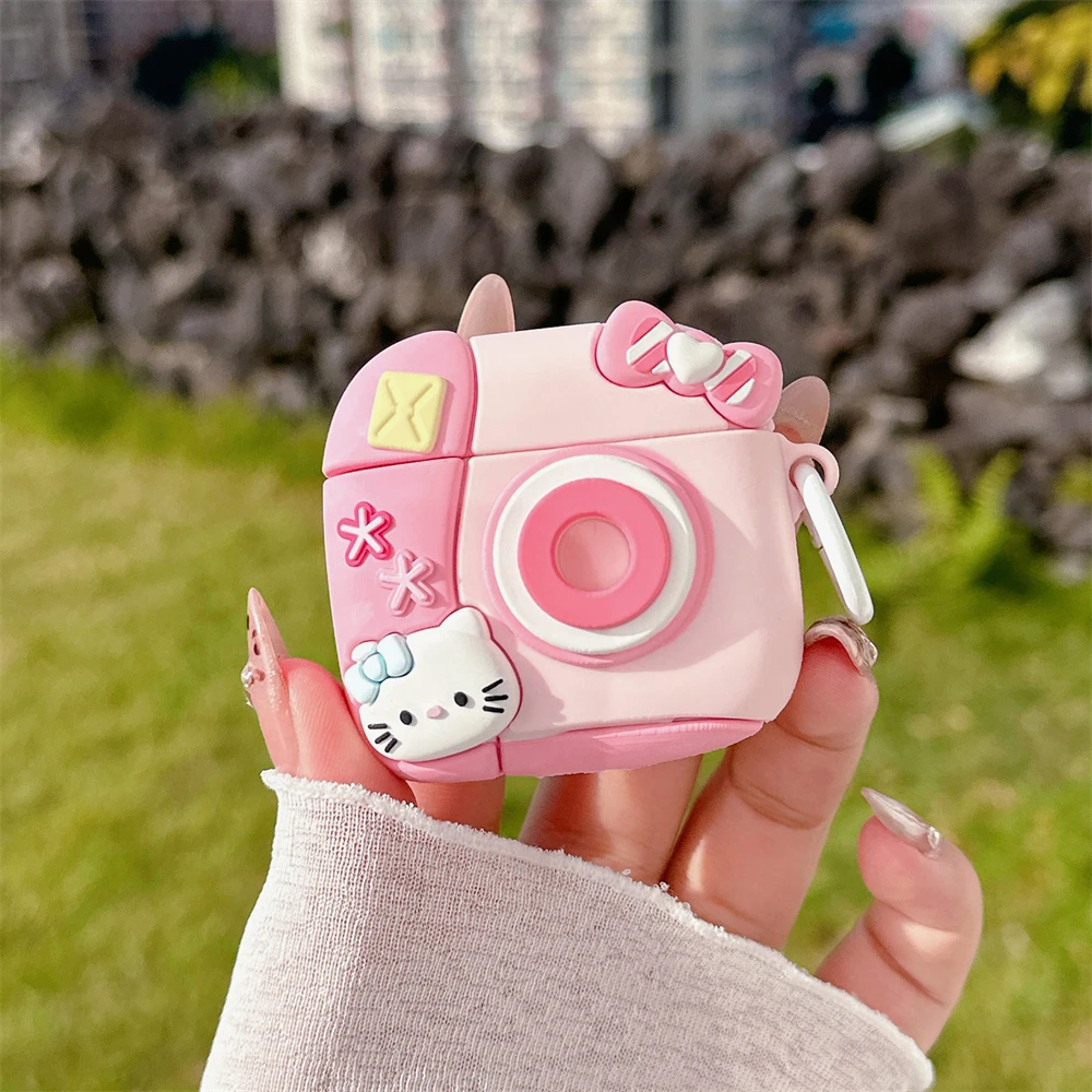 For Airpods 4 Pro Pro2 Case Sanrio Hello Kitty Camera Earphone Silicone Cover For Airpod 3 2 Case Girls Women Protective Funda