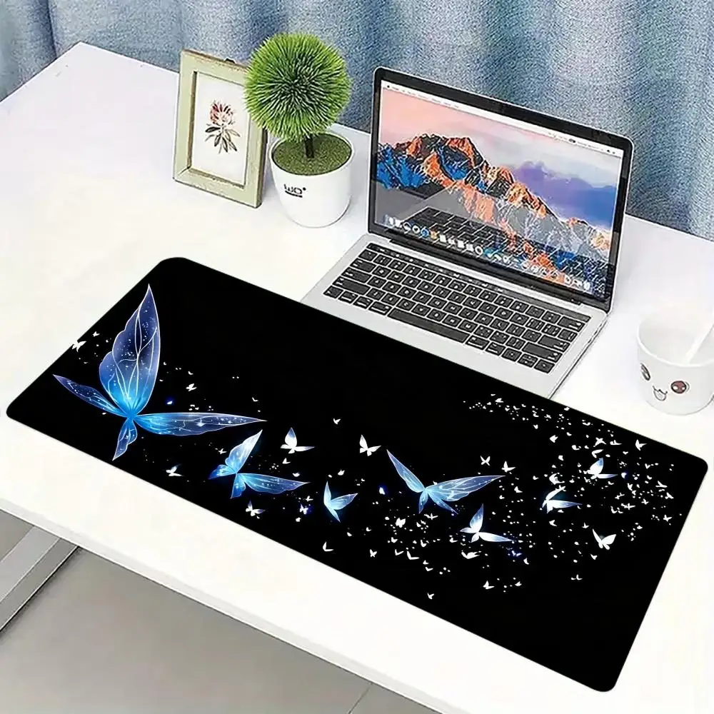 Glowing Butterfly Gaming Desk Mat Starry Galaxy Non‑Slip Rubber Stitched Mouse Pad For PC Laptop E‑Sport Gamers Office Desktop