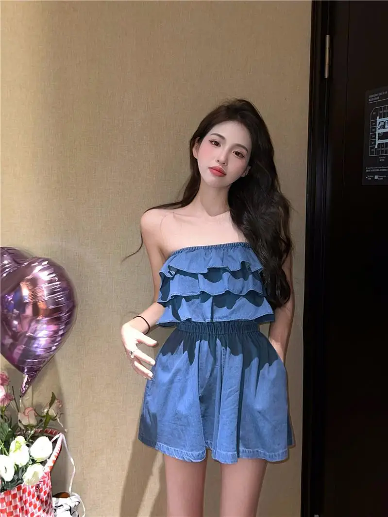 

Blue Ruffle Hem High Waist Straight Leg Denim Shorts Women's Summer Loose Sexy Wide Leg Pants Casual Vintage Style