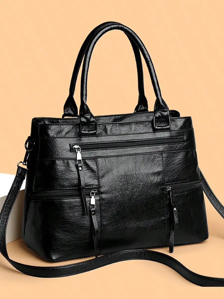 

1pc Women's Solid Retro Brown Tote Bag, Large Capacity Multi-Zipper Pockets Handbag, PU Dual Handle Portable Outdoor Casual Business Versatile Shoulder Bag, Stitching Anti-Theft Crossbody Bag