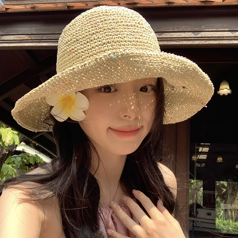 Snail Climber Summer Hollow-Proof-Proof Straw Hat Female Seaside Vacation Travel Breathable Paper Grass Bucket Hat