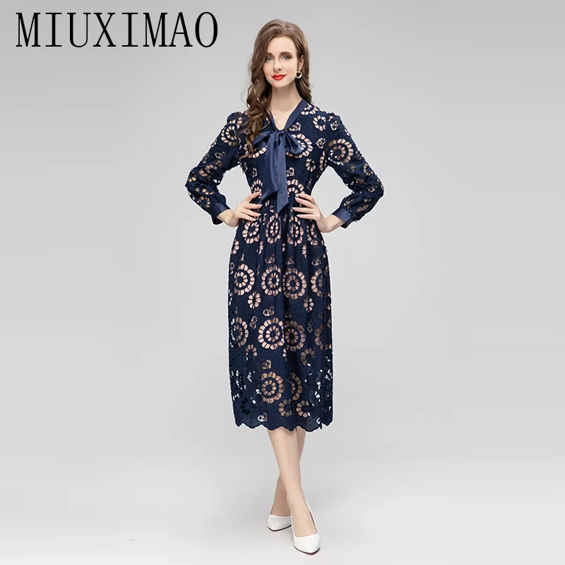 

MIUXIMAO 2023 Fall Woman Clothing Full Sleeve Solid Water-soluble flower Fashion Long Elegant and Pretty Women's Dresses Bow