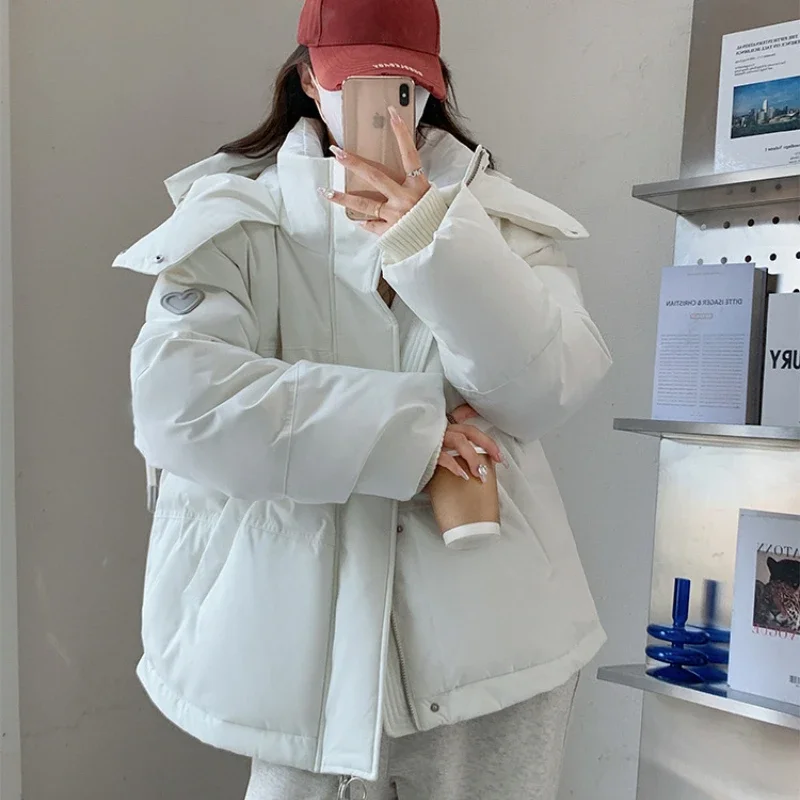 Winter Coats Women 90 White Duck Thick Warm Short  Down Coats Casual Loose Hooded Winter Warm Heart Embroidery Women's Clothing