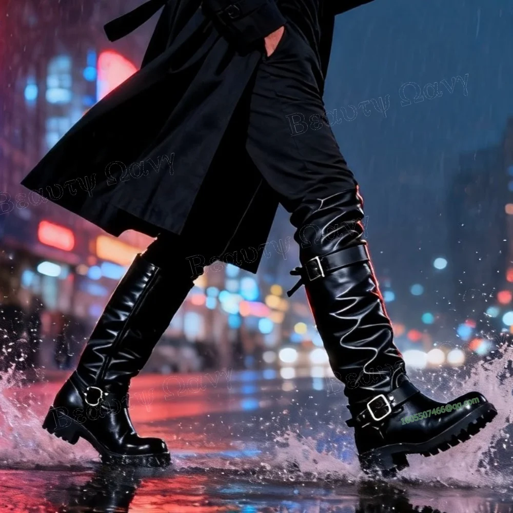 

Black Side Buckle Decor Men's Knight's Boots Solid Soft Leather Round Toe Knee High Shoes for Men Shoes Zapatos Para Hombres