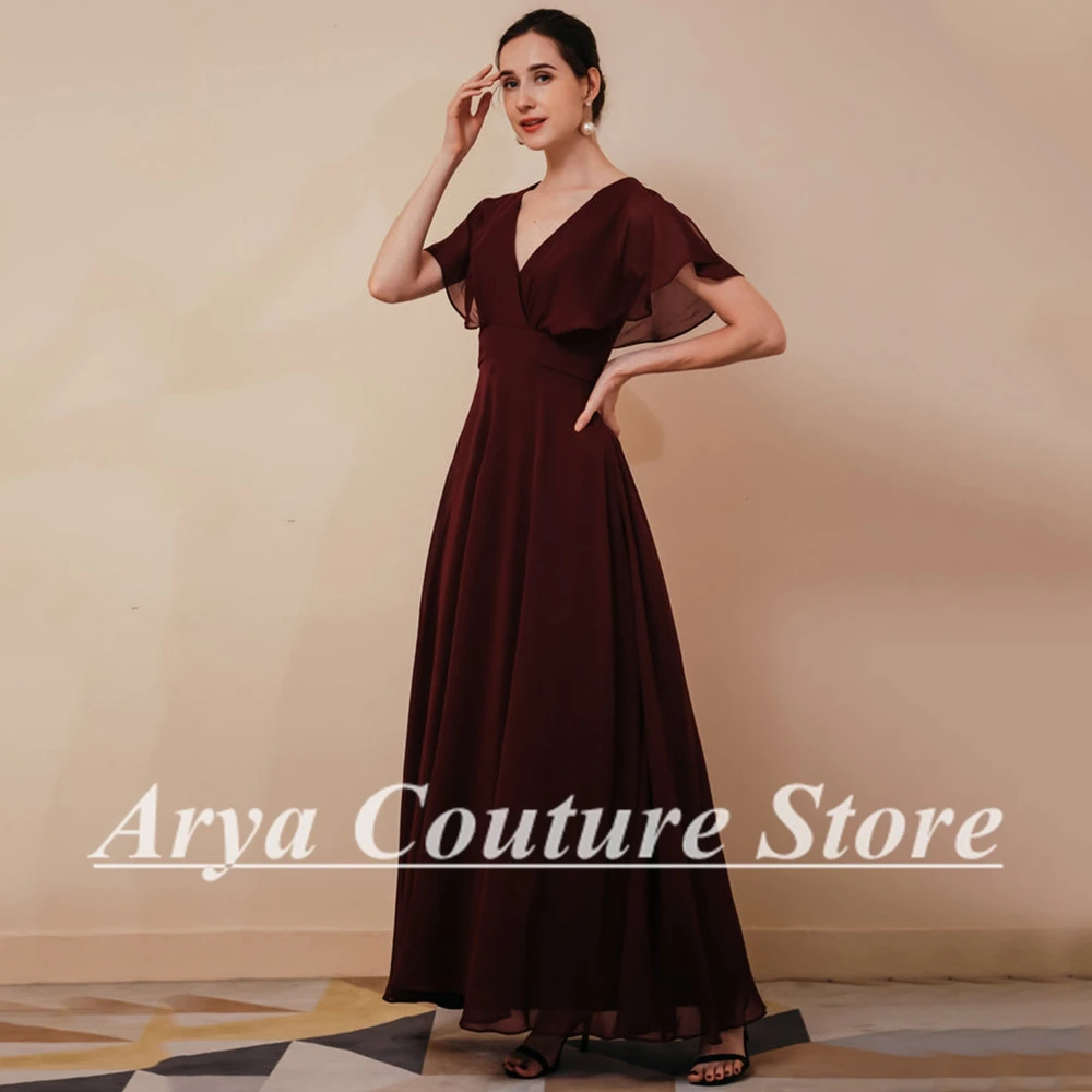 Elegant Brown A-Line Chiffon Mother of the Bride Dresses V-Neck Short Sleeves Floor Length Zipper Back Groom Mother Dresses