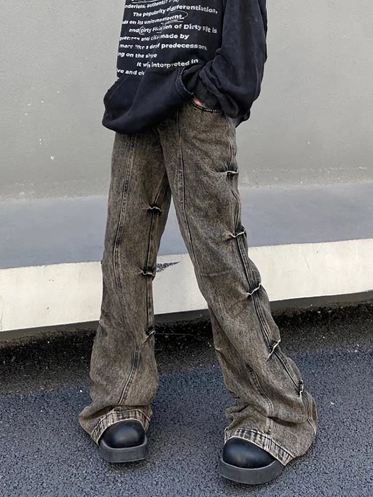 REDDACHIC جينز عتيق مغسول Pintuck مضيئة للرجال يفعل قديمًا منخفض الارتفاع Pintuck Ruched واسع من قيعان جرس من قماش الدنيم Y2k Harajuku ملابس الشارع