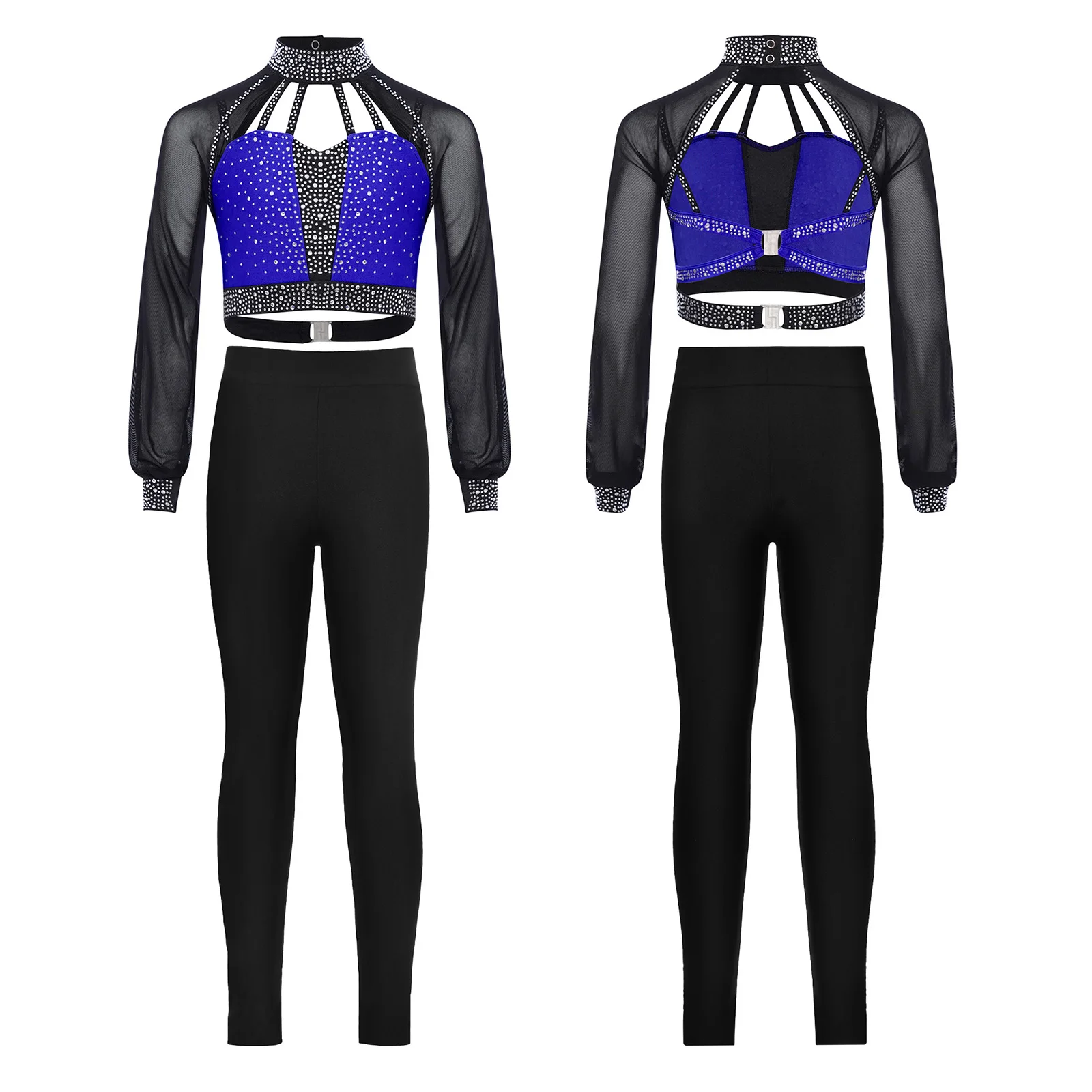 أطفال بنات غنائية الجمباز أزياء رقص طويلة الأكمام انقطاع Strappy لامعة المحاصيل الأعلى طماق لعروض قاعة الرقص الباليه