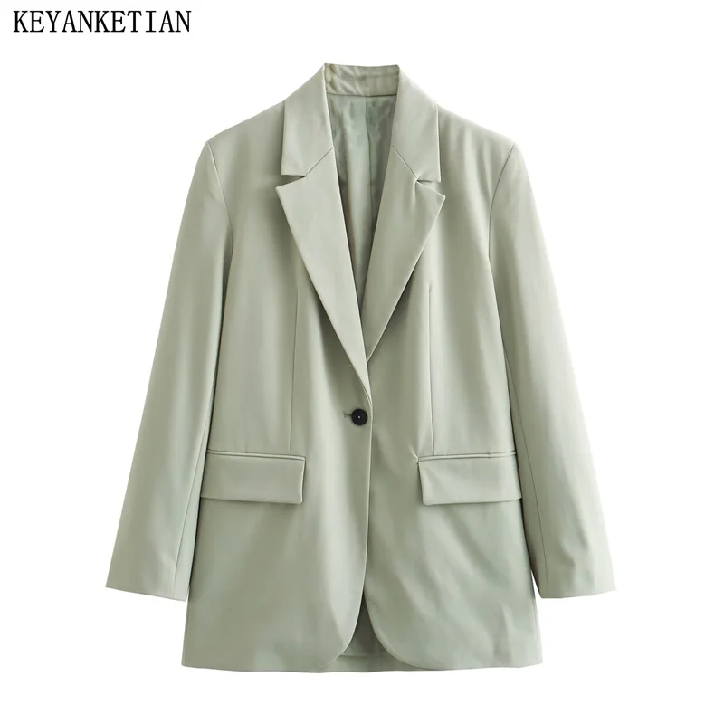 

KEYANKETIAN Autumn New Women's One-Button Western Suit Office Lady Mid-length Casual Blazer Pads Blazer Outerwear Simply TOPS