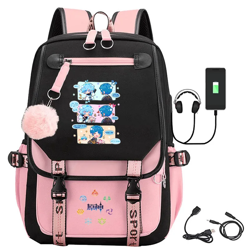 Jogo genshin impacto mochila meninos meninas anime dos desenhos animados oxford cintos à prova dusb água bola interface usb mochila feminina