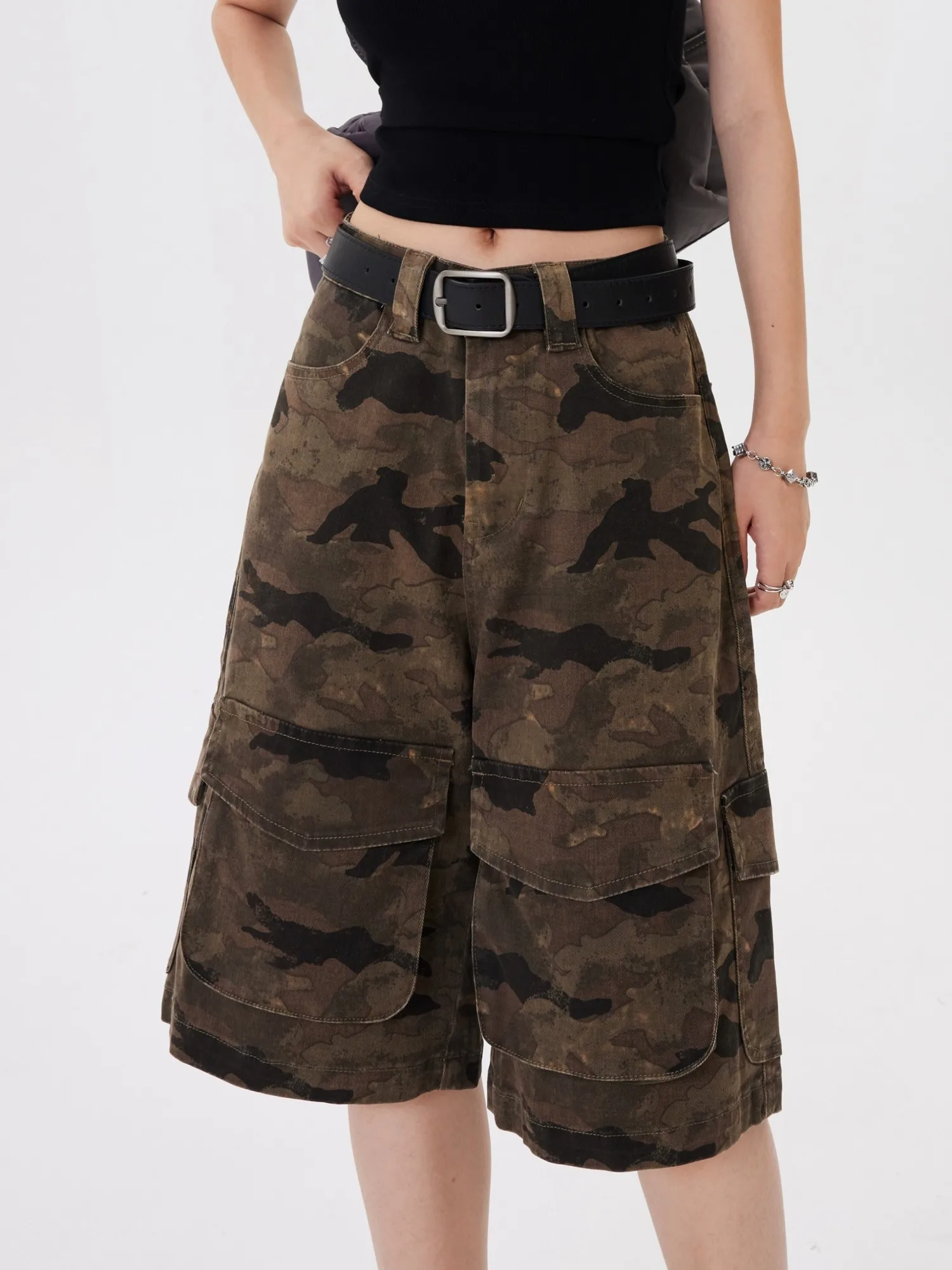 

ZHISILAO Camouflage Calf-length Pants Women High Waist Straight Cargo Calf-length Trousers Summer 2024 Chic