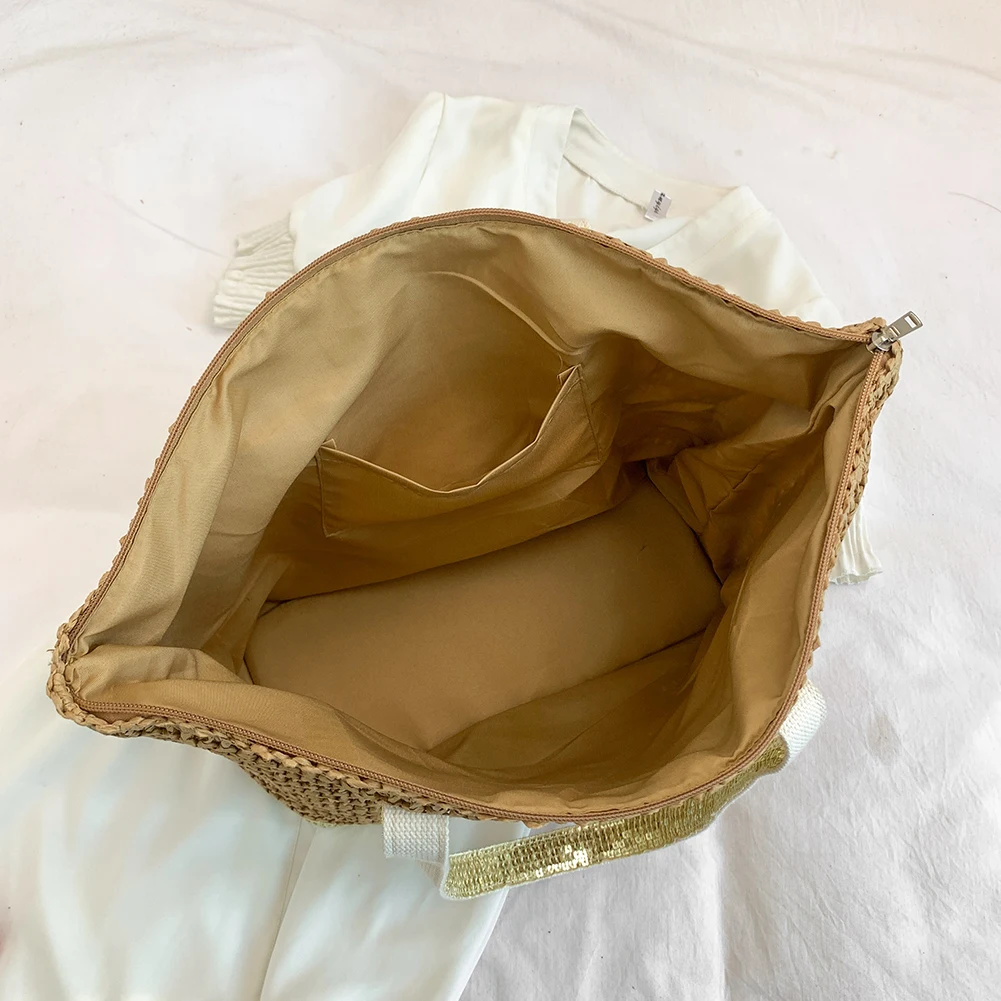 

Women Boho Shoulder Bag Large Capacity Sequins Crochet Beach Handbag Contrast Color Weaving Travel Bag Ladies Summer Daily Bag