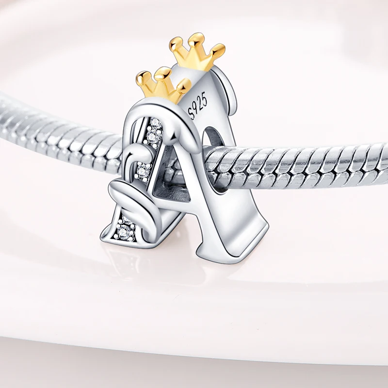 Hot Sales 925 Silver Color Crown 26 Letters Alphabet Charms Beads Fit Pandora 925 Original Bracelets Fine Anniversary Jewelry