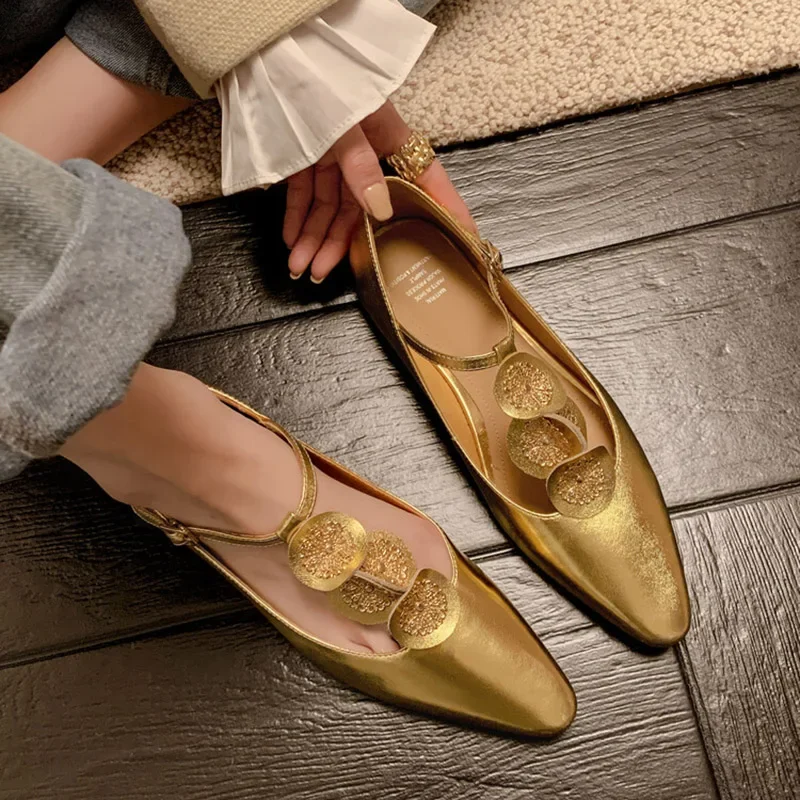 2024 new T-strap  janes shoes Women Retro party low heels elegant flats genuine leather  gold black