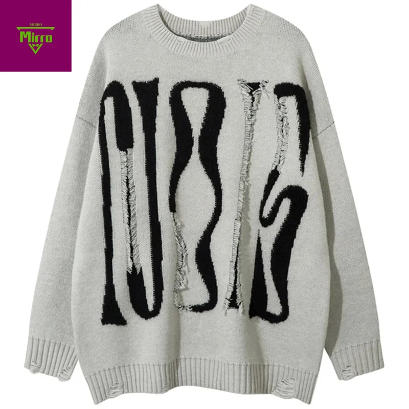 

【Mirrordust】Винтажные свитера большого размера, мужская уличная одежда, свитера в стиле Харадзюку в стиле хип-хоп, вязаные джемперы, рваные свитера с буквами, трикотаж