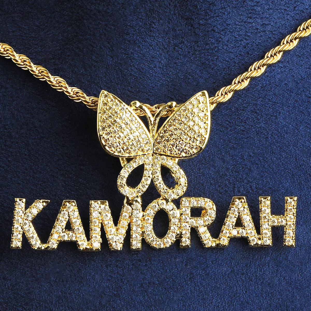 Bubble Letter Iced Out Custom Name Necklace Pendant Butterfly  Bail for Women Real Gold Plated 5A Grade Hip Hop Jewelry