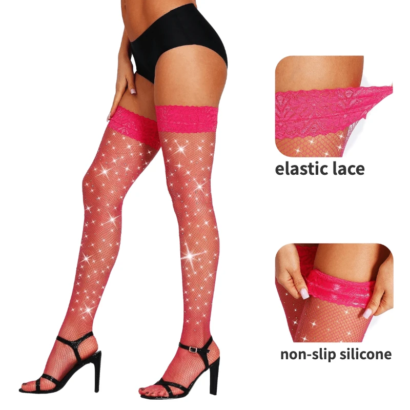 Meias de strass brilhantes para mulheres, antiderrapante, arrastão de silicone, meias altas de coxa, meias de renda, ficar em pé, sexy, garotas