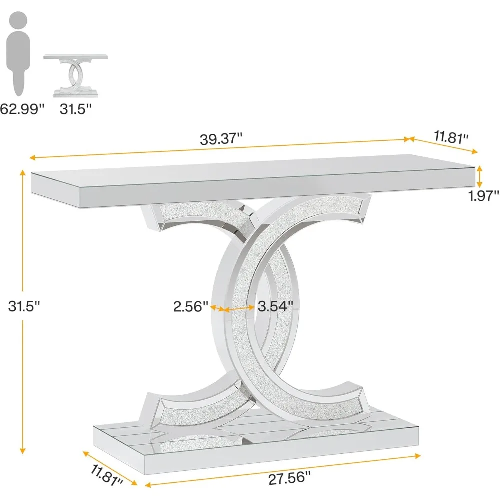 Mirrored Console Table, Modern Silver Entryway Table with Sparkling Crystal Inlays,Glass Sofa Table Hallway