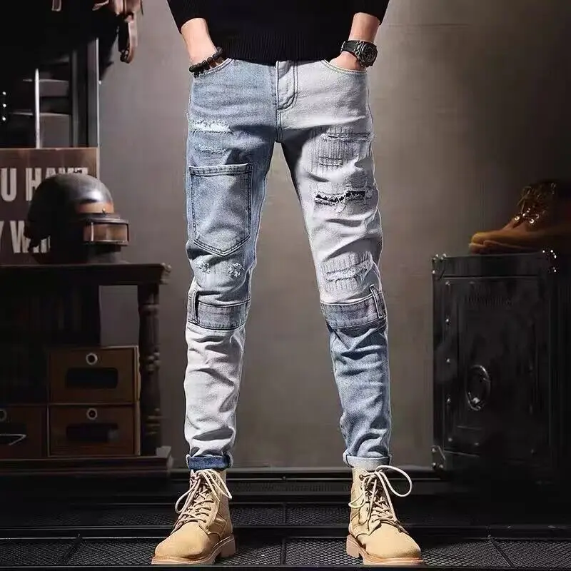 Lente en zomer 2025, nieuwe retro casual, veelzijdige en dunne broek met rechte pijpen, gewassen losse cargo punk blauwe tooling jeans heren