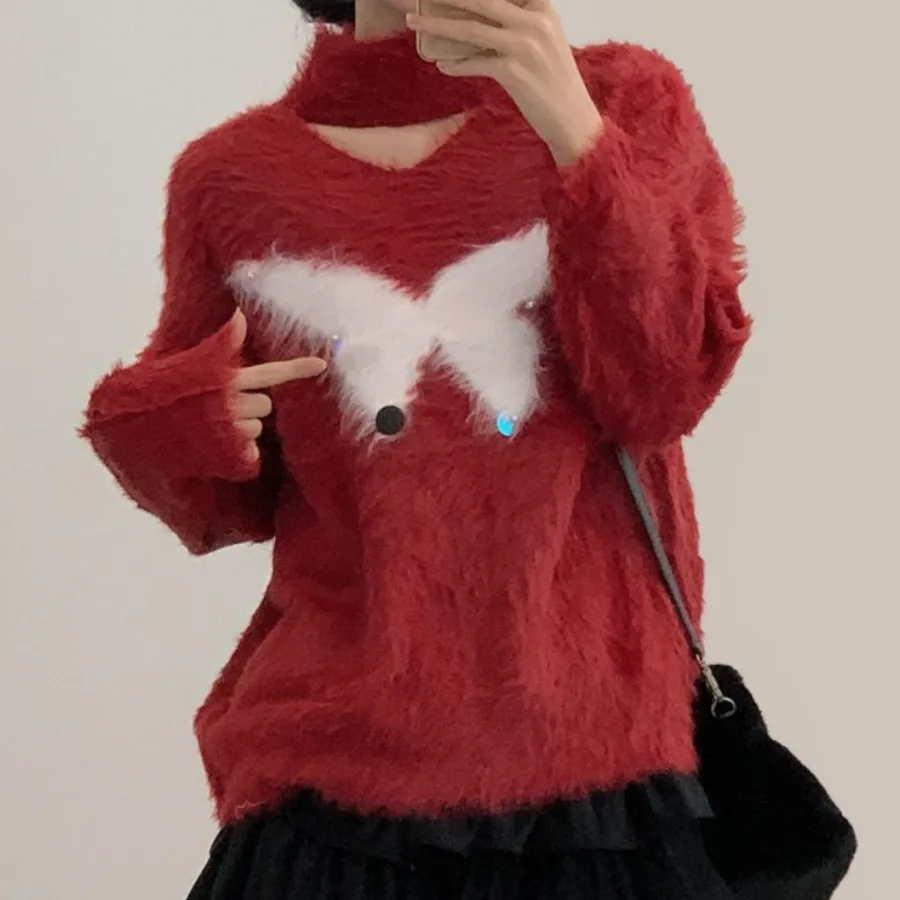 

Шикарный осенне-зимний вязаный свитер с длинными рукавами и декоративной вставкой из меха норки, ручная вышивка, вязаный вручную