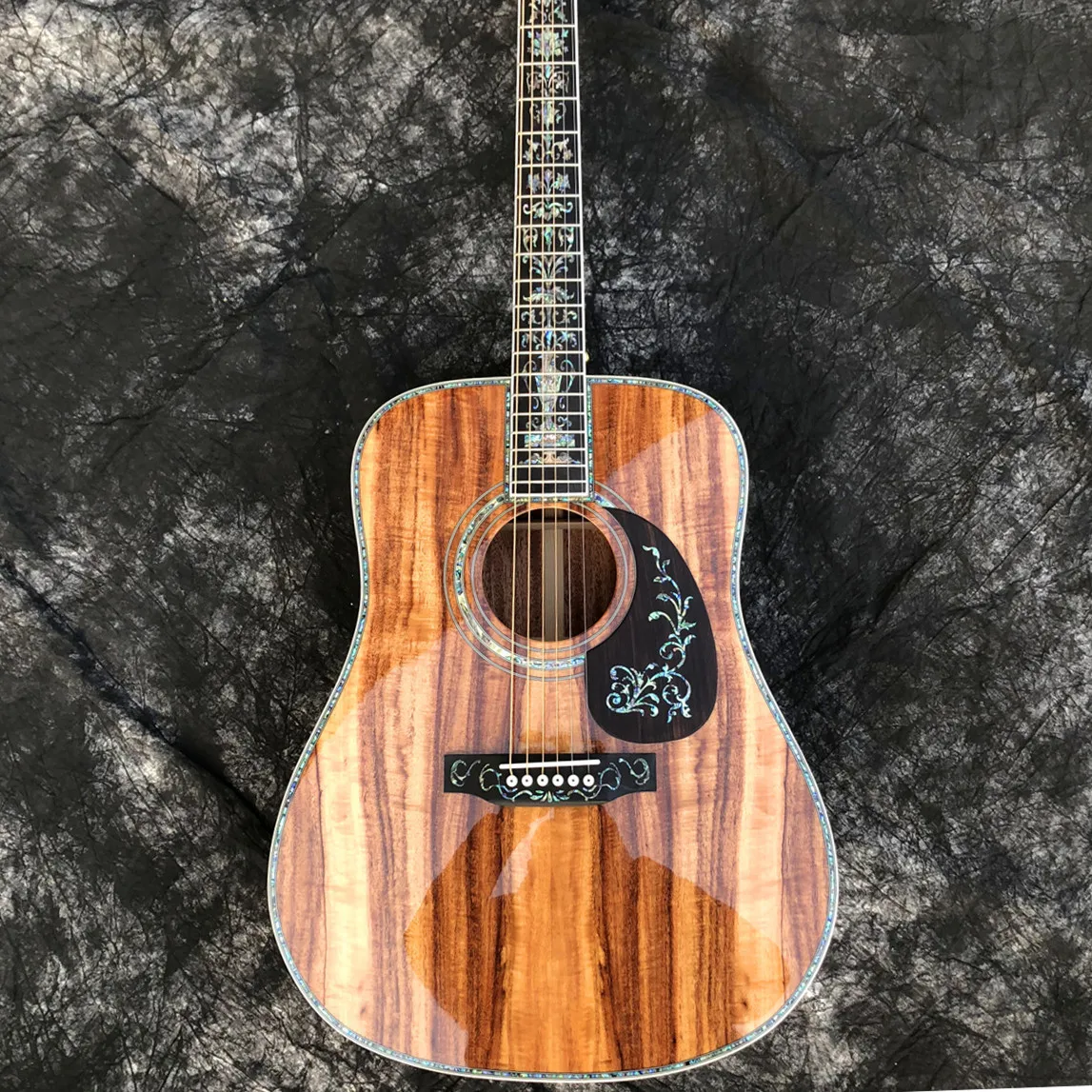 Toutes les guitares acoustiques Koa Wood de type D, incrustation d'ormeau véritable, touche en ébène, 41 ".