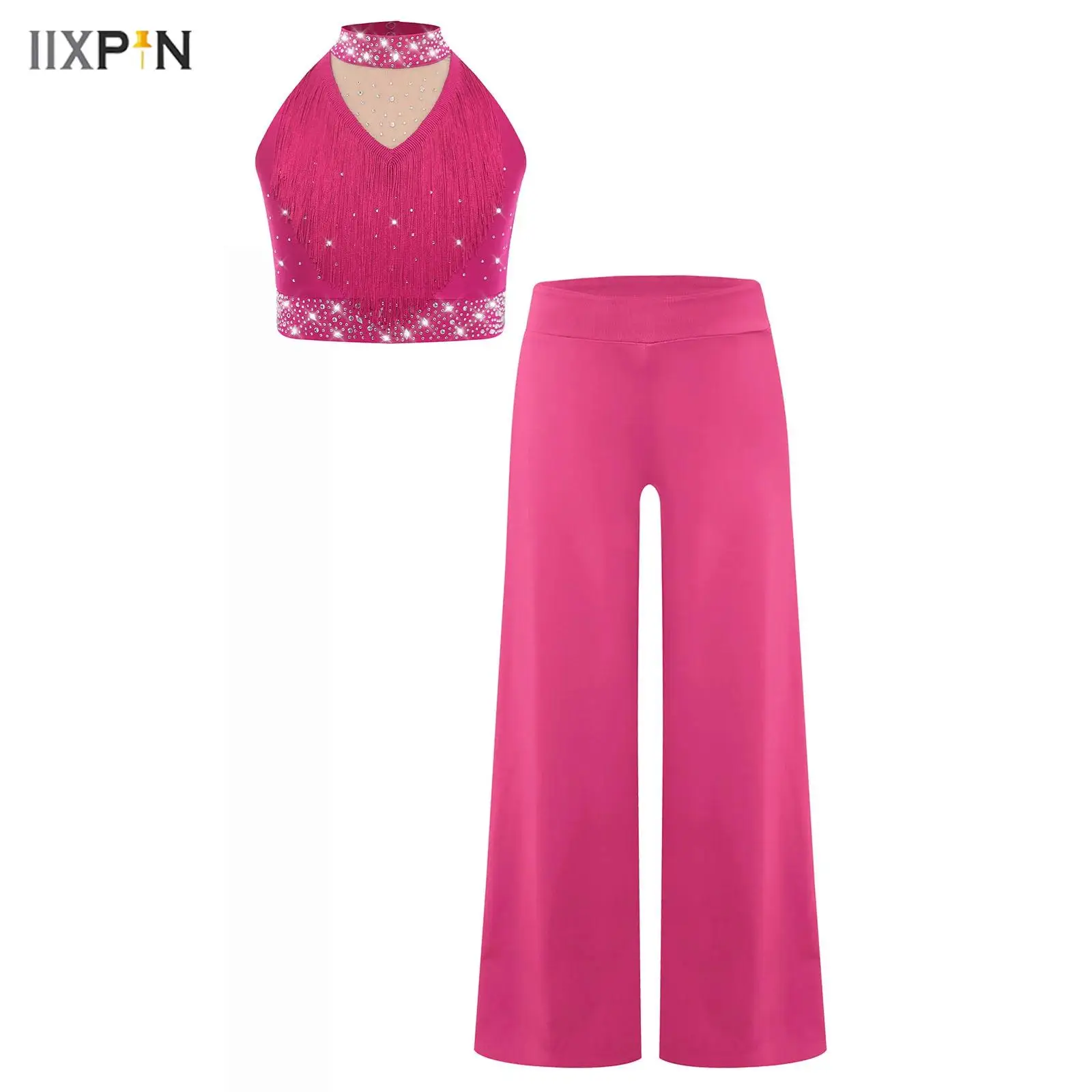 

Kids Girls Latin Dance Outfit Sleeveless Mock Neck Fringe Sparkly Rhinestones Dance Top Vest+Pants Stage Performance Dancewear