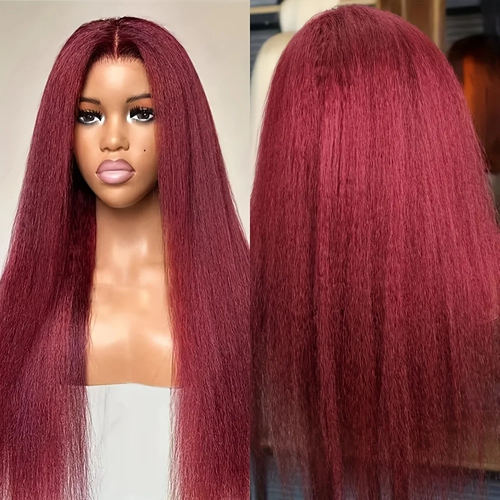 Peluca de cabello humano liso Yaki Borgoña, peluca con malla frontal 13x4 HD, peluca con malla frontal 99J, cabello humano liso Yaki Borgoña rizado