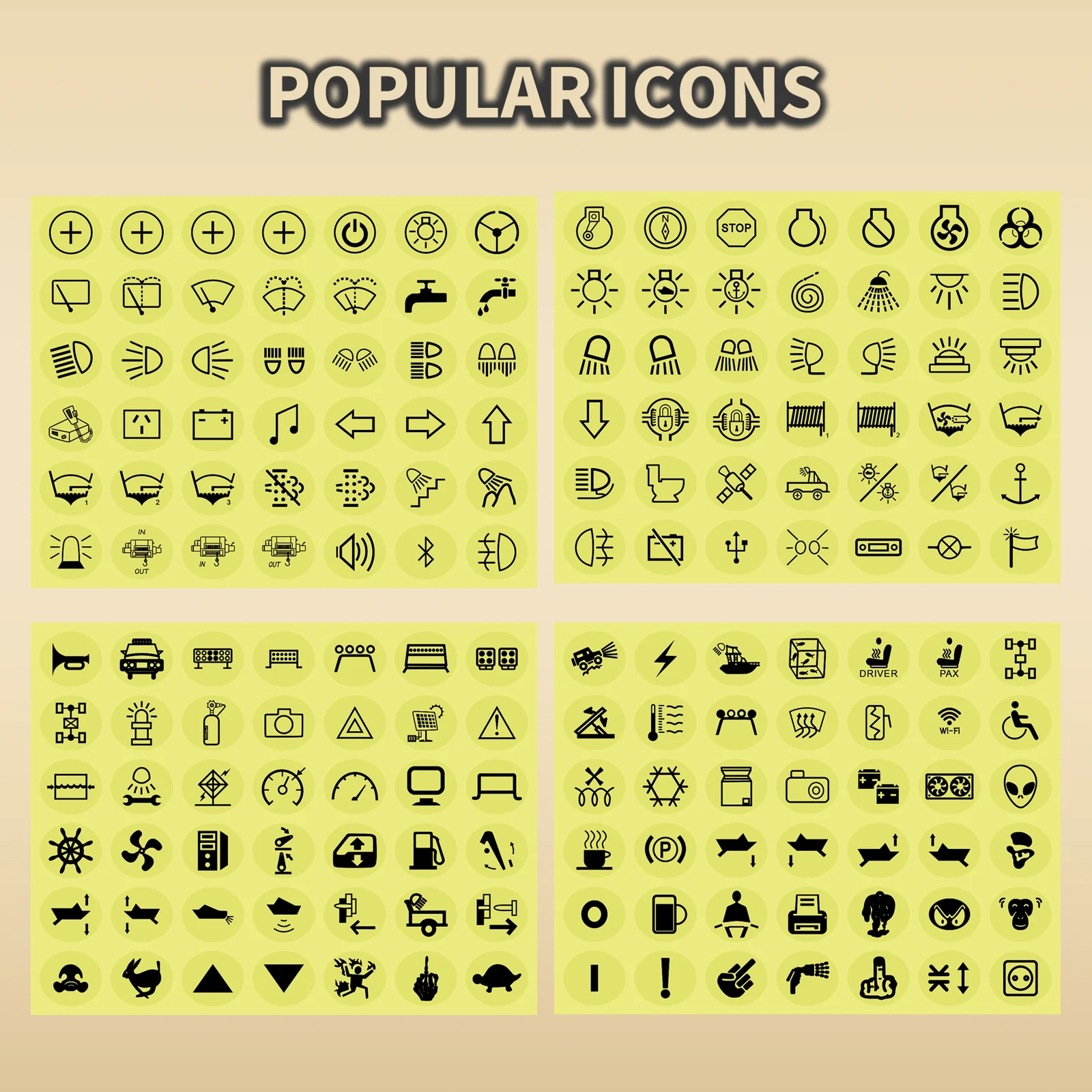 Waterproof Switch Button Labels-168 Black Icons Marine Grade Oval Sticker Decals for Car/Boat Rocker Switch Panel