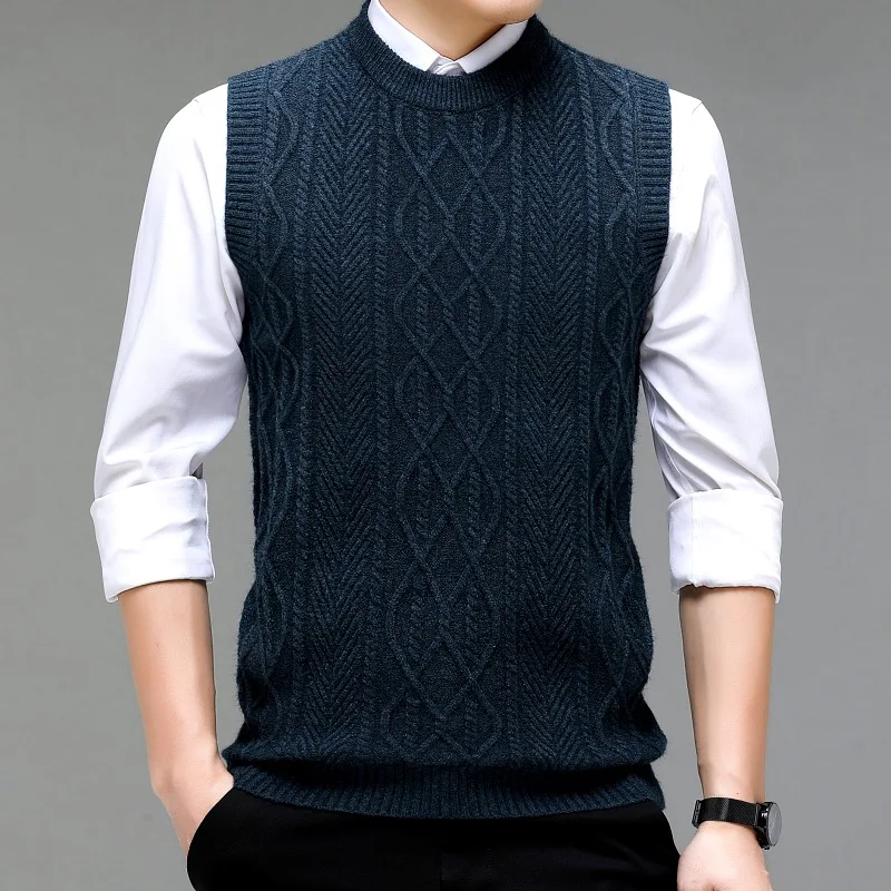 Fashionable Crewneck Jacquard Men's Knitted Sleeveless Hair Vest Young Men's Fashionable Solid Color Warm Top