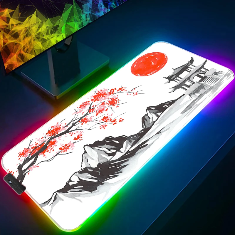LED Light Large Mouse Pad Japanese ink painting Office Computer Desk Mat RGB Table Keyboard Carpet Accessories Gaming Mousepad