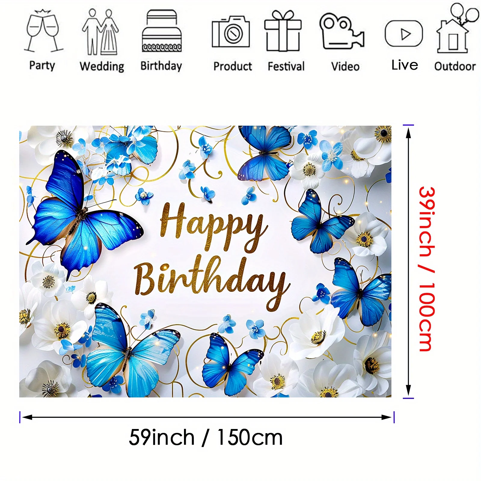 1 blauer Schmetterlingshintergrund, Happy Birthday, Blumendekoration, Sternschnuppe, Schmetterlingssegen, Dekoration für Themenpartys – Detail 3