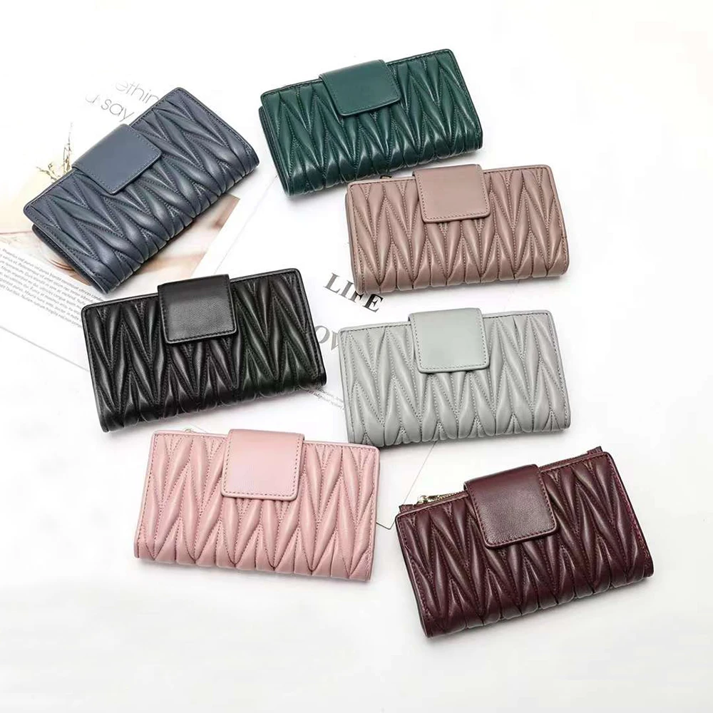 Luxe Gerimpelde Schapenvacht Kaarthouder Portemonnee Voor Vrouwen Gewatteerde Echt Leer Vrouwelijke Lange Portemonnee Grote Capaciteit Lady Clutch Bag