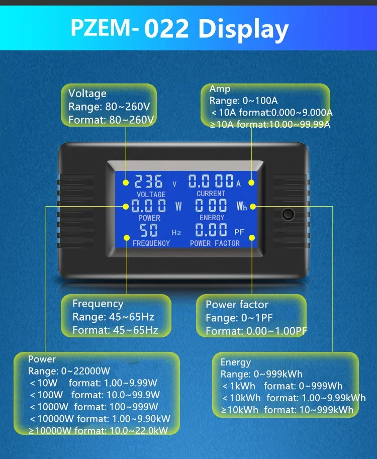 PZEM-022 AC Digital Display Multimeter Power Monitor Voltmeter Ammeter Wattmeter Frequency Meter Factor Meter AC 80V~260V 100A