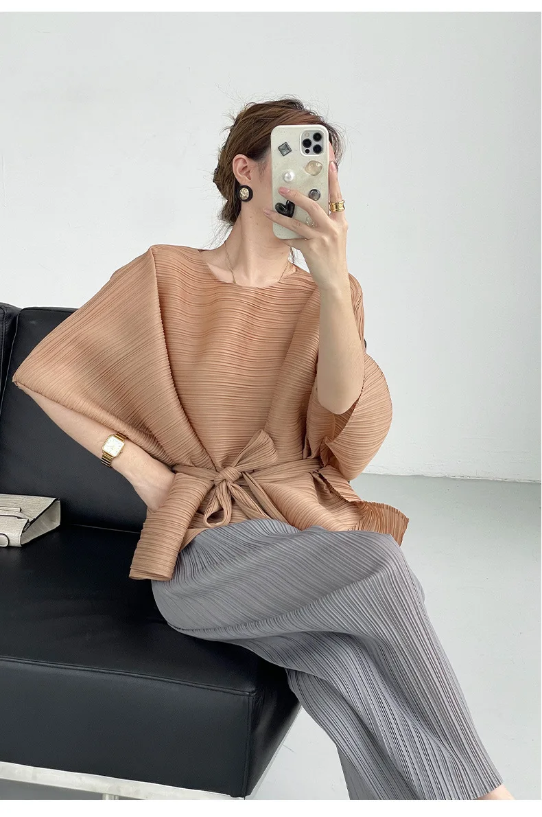 Women Pleated T-shirt 2026 Autumn Round Neck Drawstring Waist Loose Elegant Long Blouse Tops Irregular Vestidos De Mujer Robe