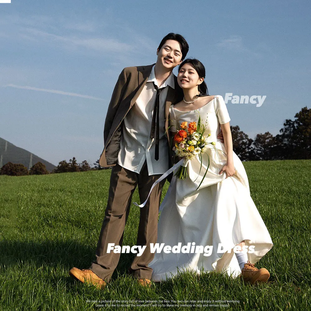 Fancy Simple Korea O Neck Wedding Dress Photo Shoot A Line Thick Satin Evening Party Dresses Back Corset Customized