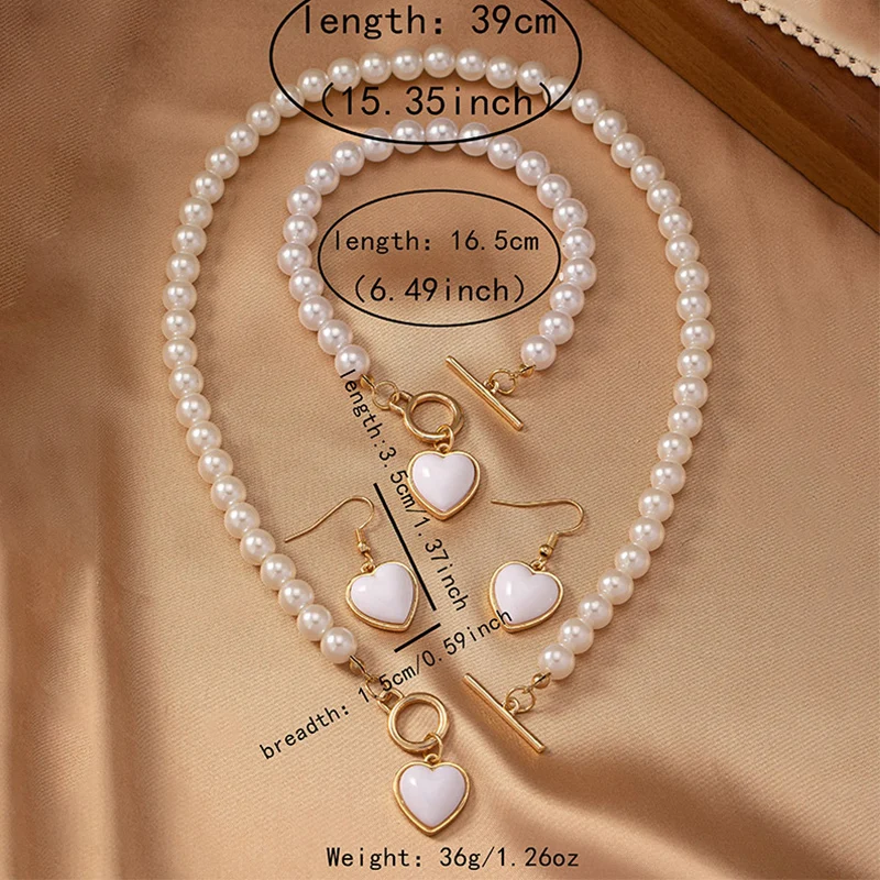 Red Heart Shape Pendant Necklace Earrings Bracelets Set for Women Imitation Pearl Elegant Luxury Quality Jewelry Wedding Gifts