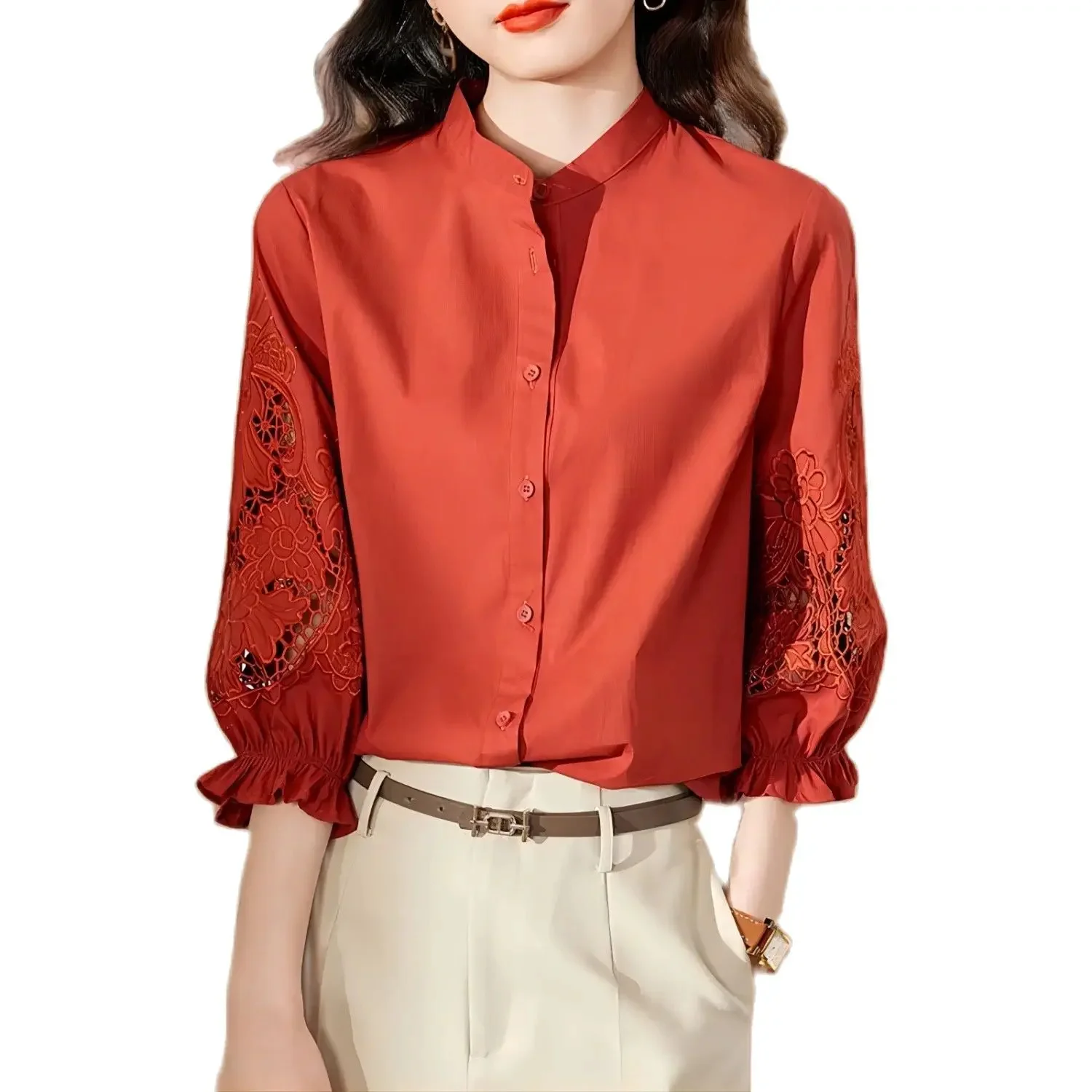 

Ladies' spring and autumn pure color stand collar shirt, ladies' hollow-out embroidery design niche top, three-quarter sleeve to