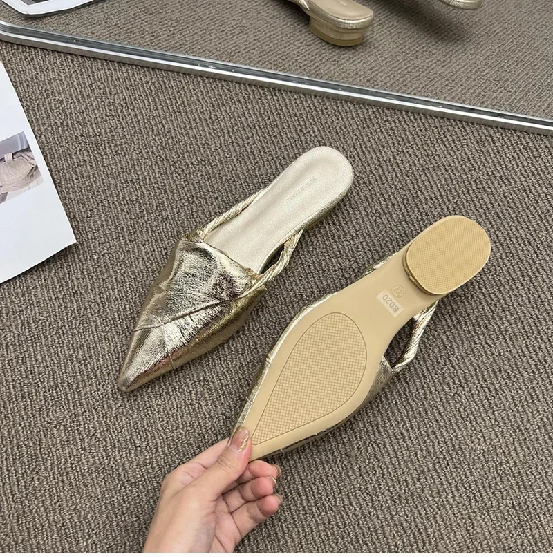 2024 Spring Slip On Women Mules Slipper Fashion Pointed Toe Ladies Elegant Beach Sandal Casual Low Heel Slides