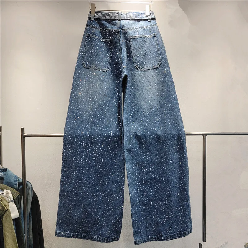 [zoci] New Starry Sky Hot Diamond Washed Ribbon Jeans, Niche Loose Heavy Industry Wide Leg Pants