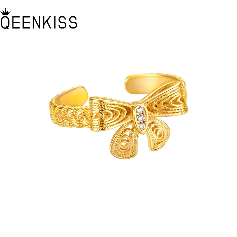 

QEENKISS Gold Vintage Bowknot Tie Ring For Women Wedding Party Birthday Christmas Bride Mother Girlfriend Ladies Gifts RG5198