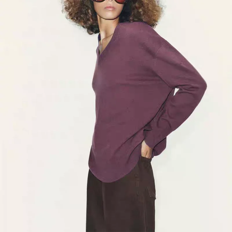 

New Arrival Autumn Women's Knitted Sweater Casual Loose Fit V-Ne Long Sve Regular Length for Young Girls