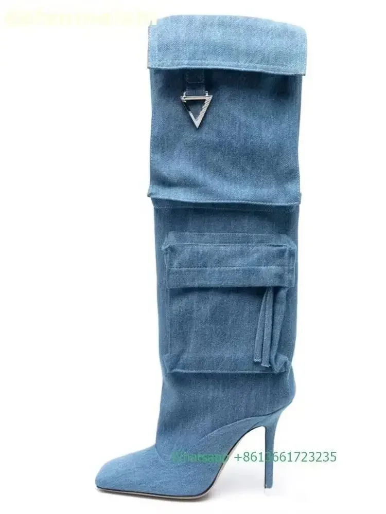 

2025 Winter New Style Stiletto Heels Knee-High Boots Square Toe Retro Denim Pocket Cloth Boots Large Size Women's Long Boots