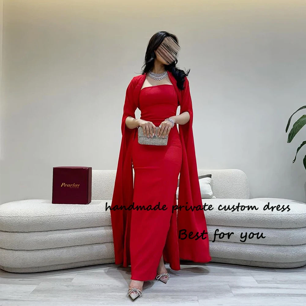 

Red Mermaid Evening Party Dresses with Cape Square Neck Formal Prom Dress Arabian Dubai Wedding Party Gwons Floor Length