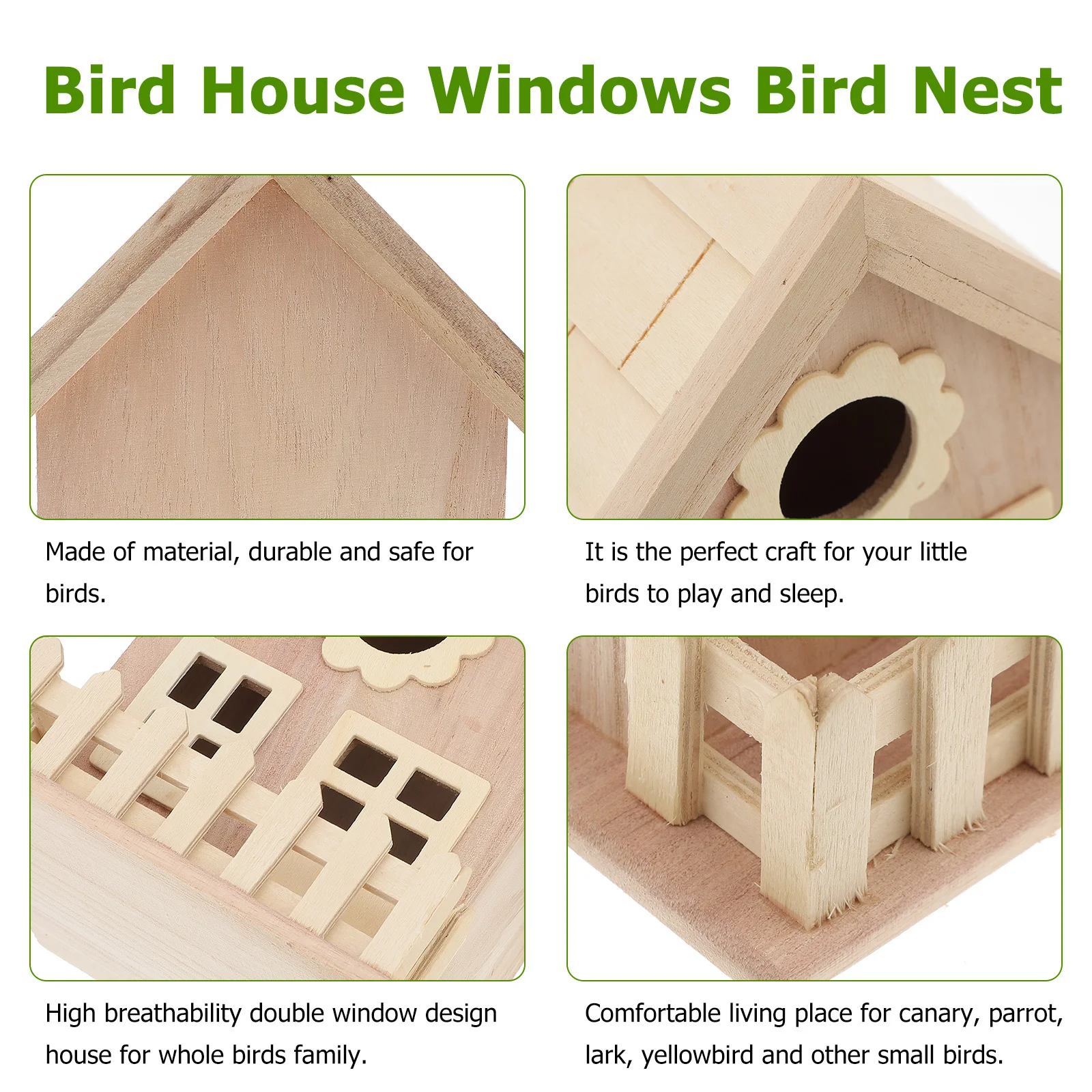 

Wooden Birds Nest Classic Entrance Double Window Hut Comfortable Sleeping Play for Small Birds Outdoor Garden