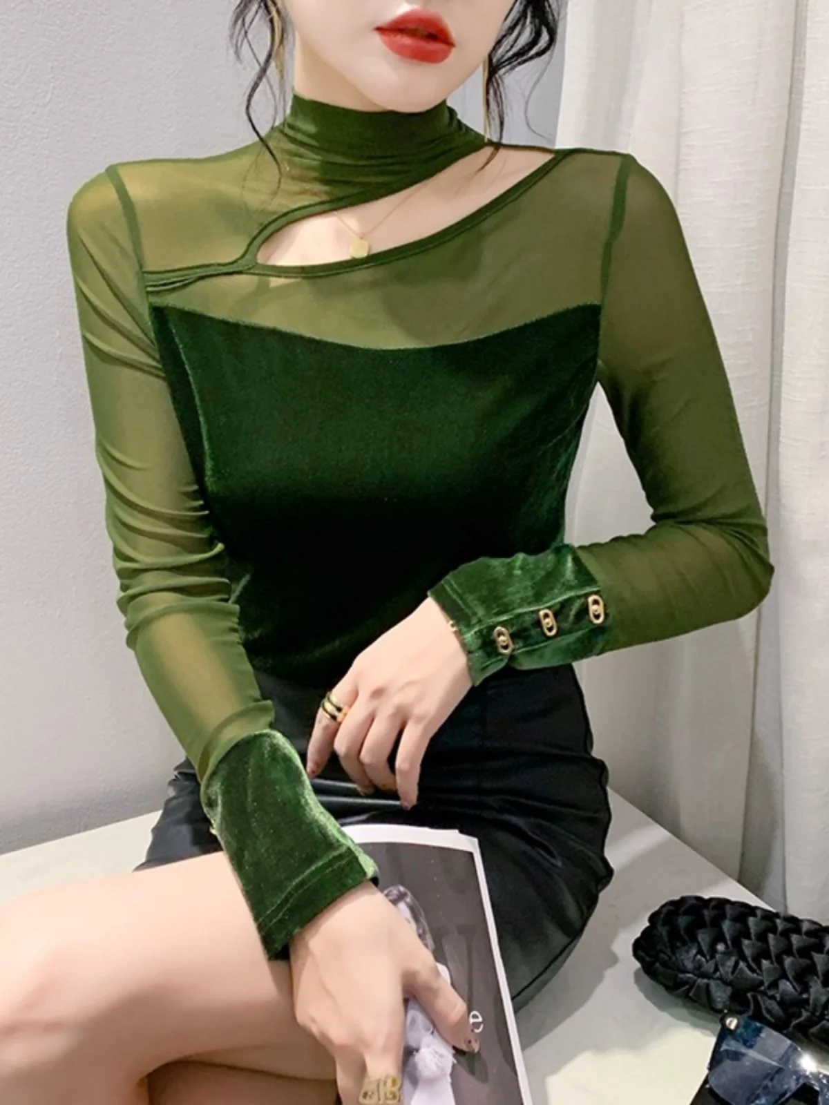 Velvet Me Splice Women's T-irt oulder Bared Hollow out Long Sve High Collar Top Faionable Inner Wear Commute Sle