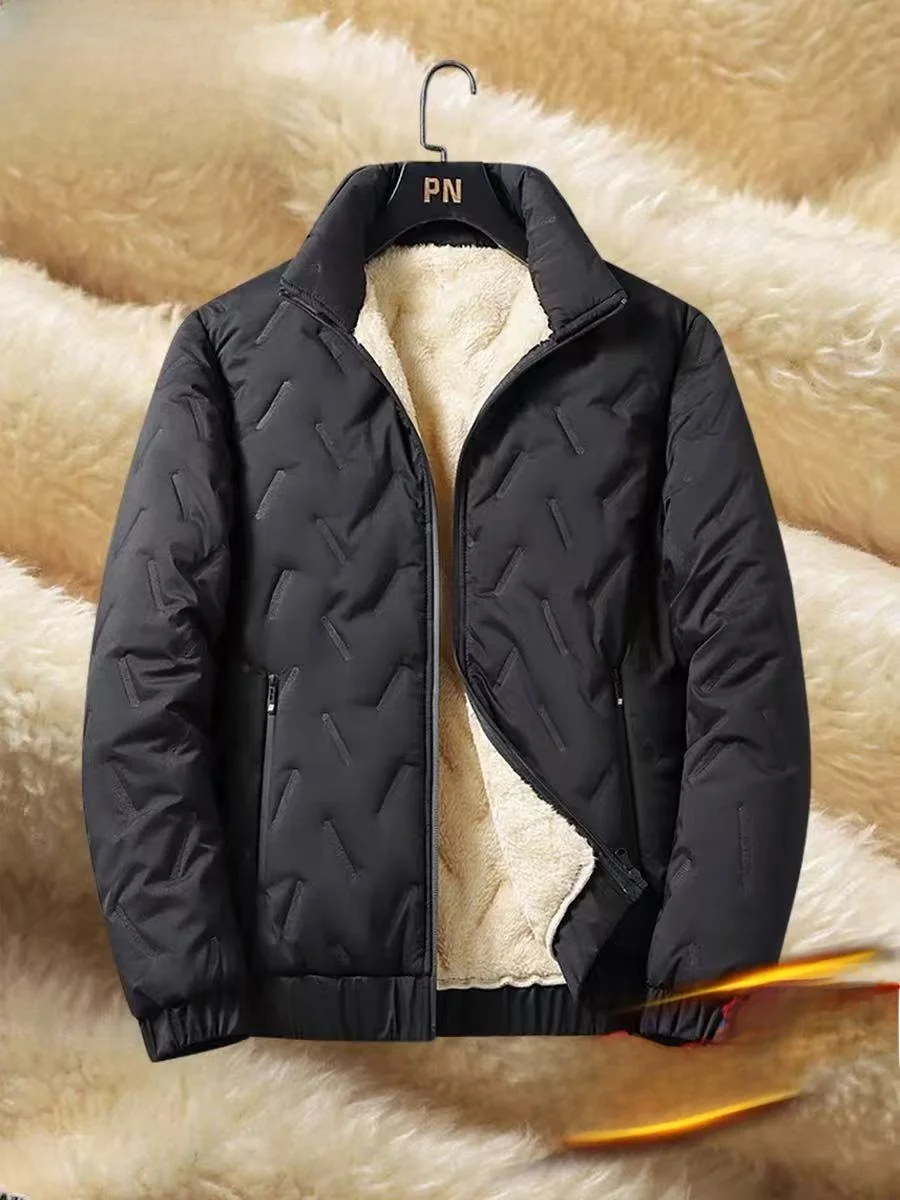 

Thiened Lamb Fur Stand Collar Jaet Мужское зимнее теплое хлопковое пальто Dad Sle из полиэфирного волокна Long Sve Faion Urban Outfit