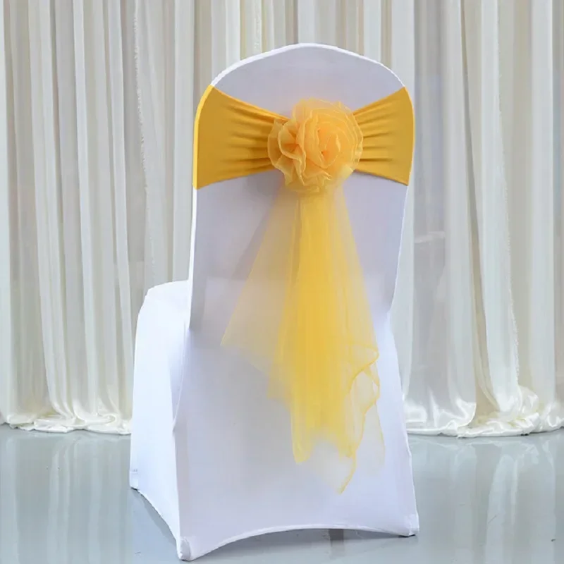 10pcs/lot White Chair Bow Tie Organza Band Chair Spandex Stretch Cover Sashes For Hotel Banquet Wedding Party Decoration