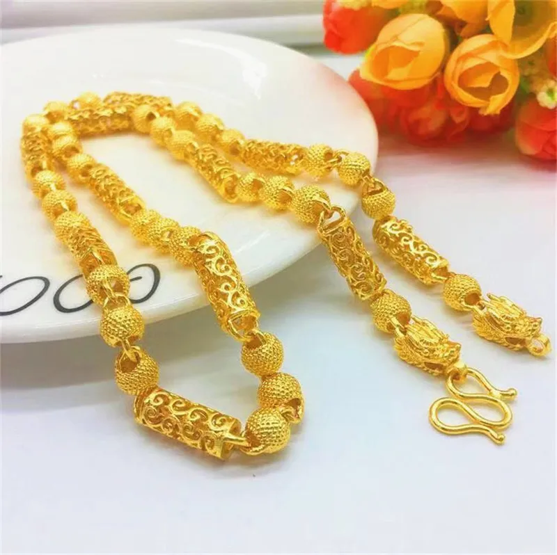 Luxury 18K Gold Men's Necklace Hollow Beaded Chain Neckklaces Thicked Yellow Gold Necklace for Wedding Engagement Jewelry Gifts